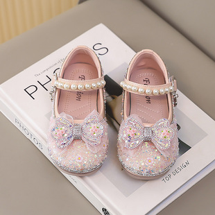 Girls Princess Shoes 2025 Spring New Crystal Shoes Bright Diamond Flower Bow Beautiful Small Leather Shoes Cute and Comfortable