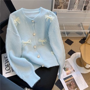 Korean Style Pearl Buckle Lace Bow Twist Knitted Jacket Autumn and Winter New Sweet Style Soft Waxy Sweater Women's Cardigan