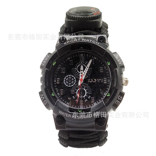 Factory wholesale fashion outdoor sports watch compass thermometer high frequency whistle distress light umbrella rope strap