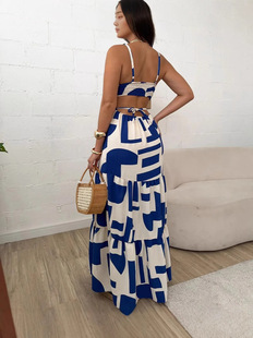 European and American Amazon Cross-border Foreign Trade Summer New Printed Backless Hollow Strap Large Swing dress