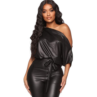 European and American Women's New Amazon Stretch Sexy Fashion PU Leather Pants Tight Waist Slant Shoulder Lace-up Jumpsuit