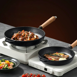 Factory direct cast iron pan thickened pan frying pan uncoated fried dumplings non-stick pan wooden handle