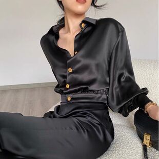 Acetic Acid Satin Black Shirt Women's Design Sense Niche Chic Top Retro Hong Kong Style Long Sleeve French Shirt Spring and Autumn