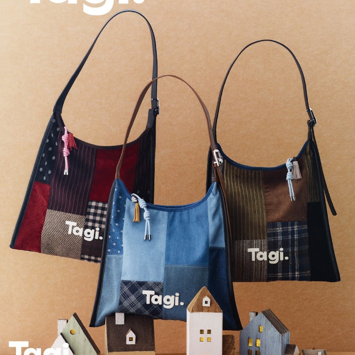 Tagi. Everyday casual color-blocked corduroy shoulder bag with denim patchwork design, large capacity retro crossbody bag.