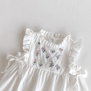 2025 Baby Summer Embroidery Floral Side Waist Bow for Infants and Toddlers Sleeveless Thin Climbing Clothes for Baby Girls