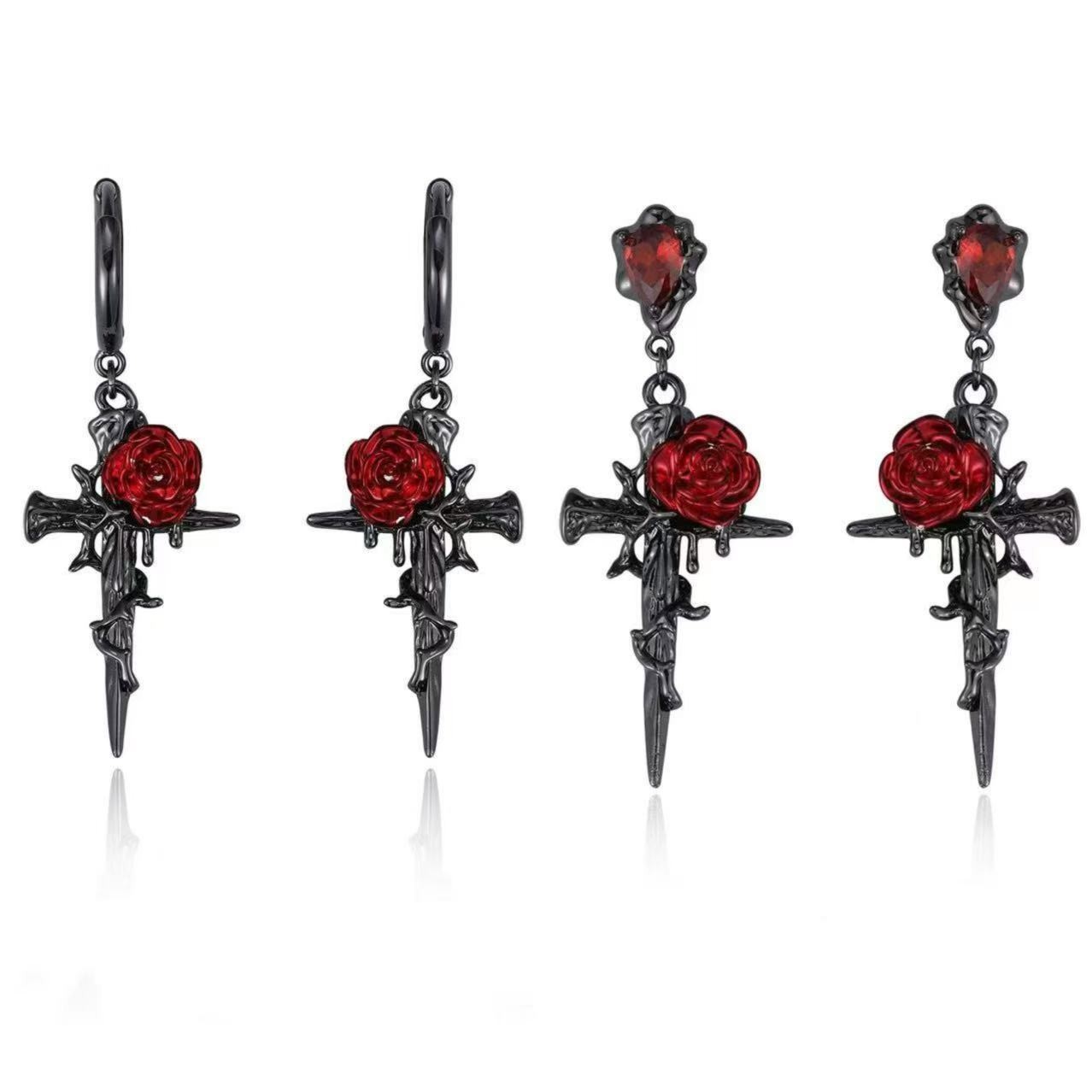 European and American Cross-Border Halloween Thorn Blood Red Rose Cross Earrings for Women Sweet Cool Sexy Style Earrings Jewelry