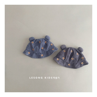Baby fisherman hat spring and autumn bear embroidery sunshade basin hat spring baby bow bunny sunscreen hat summer
