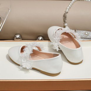 Girls White Single Shoes Soft Shallow Mouth Leather Shoes Performance Shoes Cross Border New Lace Lace Mary Jane Shoes Princess Shoes