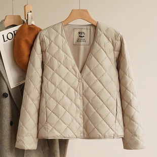 Down jacket women's new large V-neck light warm 95% white duck down diamond inner down jacket liner long sleeve coat