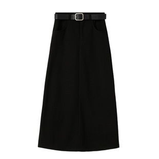 Korean Style Black Woolen Skirt Women's Autumn and Winter High Waist Straight Suit One-Step Skirt Rear Split A- Line Mid-Length Skirt