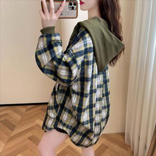 Retro Western Style Hooded Plaid Shirt Women's 2024 Spring and Autumn New Casual Age-reducing Campus Style plus size Jacket