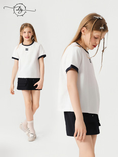 Girls' Classic Black and White Contrast Slim T-shirt 2025 Summer New Embroidered Small Label Round Neck Short Sleeve