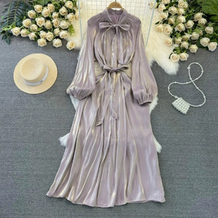 Spring and Autumn Celebrity Elegant Long-sleeved Bow Lace-up Waist Slimming A- line Skirt European and American Niche dress
