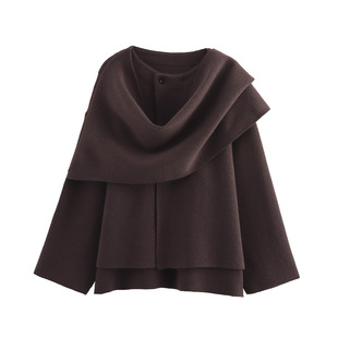 2024 New Winter Women's Clothing European and American Style Fashion with Asymmetrical Scarf Short Knitted Outwear Jacket