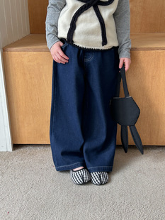 25 Spring New Girls' Plaid Lace Denim Straight Pants Children's Sweet All-match Casual Pants Middle Children's Pants