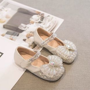 Girls' Shoes Kidsren's Princess Small Leather Shoes Dance Performance Shoes 2024 Spring & Fall New Baby Crystal Shiny Rhinestones