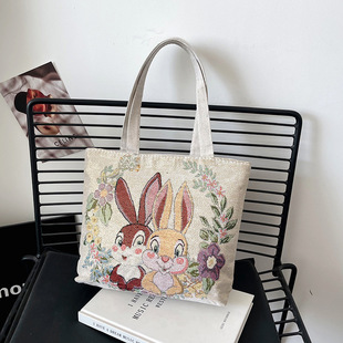 Cross-border Embroidered Canvas Portable Double-sided Gold Line Cartoon Women's Handbag Casual Mommy Hand Carrying Small Cloth Bag Lunch Box Bag