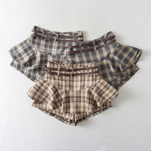 Pure Desire Sexy Sweet Spice Girl Miniskirt Women's Summer New Plaid Skirt High Waist A- Line Ruffle Culottes