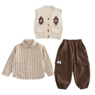 Boys' Spring and Autumn New Korean-style Double Pocket Sweater Vest Cardigan Three-piece Children's Striped Shirt suit