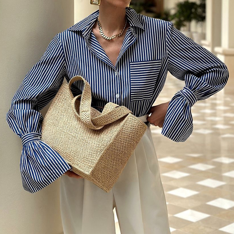 in stock 2025 spring new European and American women's cross-border women's fashion temperament ins style long sleeve striped shirt