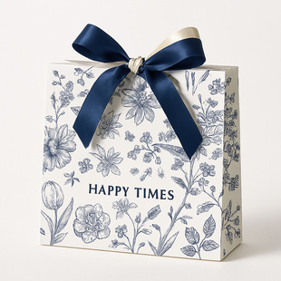 Blue Flower Double Ribbon Bow White Gift Bag Handbag Square Small Gift Bag Simple