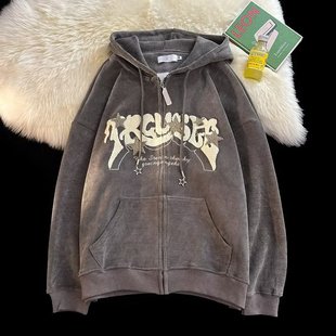 American Style Zipper Sweater Couple's Autumn and Winter Coat High Street All-match New Fashion Brand Retro Street Loose Hoodie