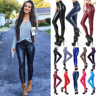 Cross-Border Foreign Trade European and American Amazon Leather Pants for Women Foreign Trade Plus Size High Waist Leggings for Women with Elastic Feet