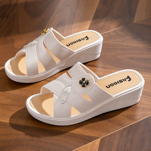 Women's High-heeled Slippers Summer Outer Wear Thick-soled Fashionable Home Non-slip Mother Shoes Soft-soled Social Wedge Slippers