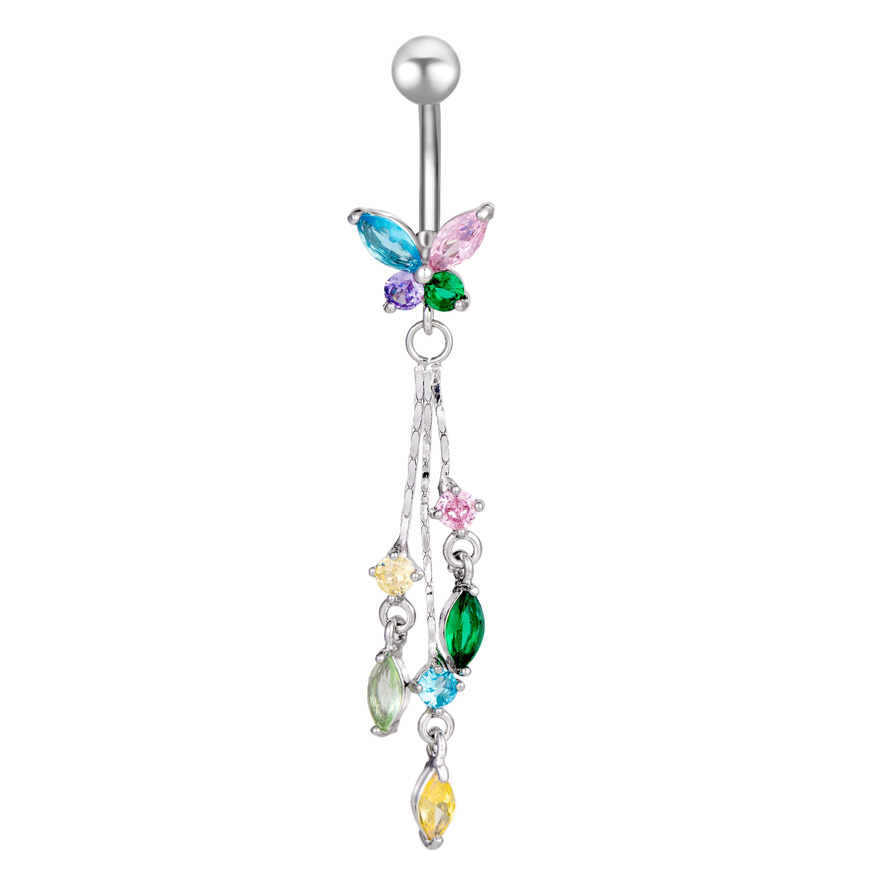 Original 3A Zircon Colorful Butterfly Belly Button Ring, Long Tassel Style, Direct Sales from the Source Manufacturer