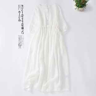New 2024 Summer Dress New Thin Embroidered Round Neck Travel Artistic Collar Middle Sleeve Mid-length dress