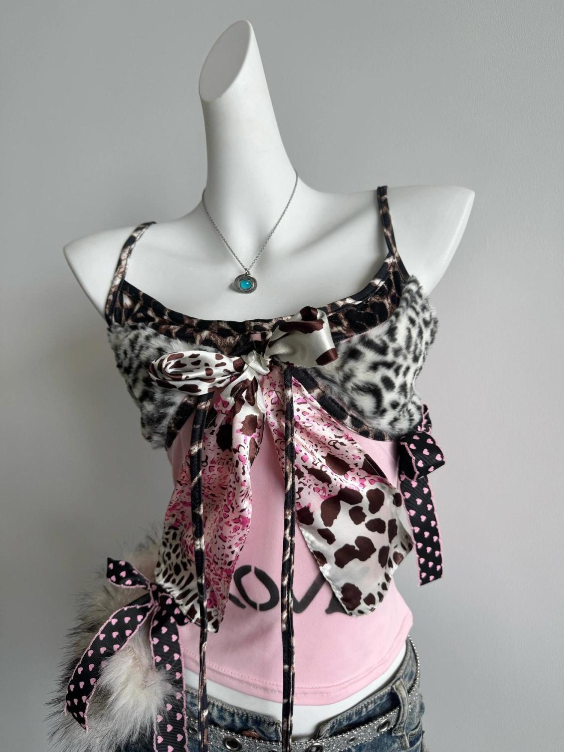American Retro Shibuya Pink Memory Leopard Print Heart Polka Dot Bow Lveo Printed Sexy Suspender Top for Women