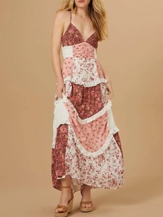 2025 European and American sexy sling floral lace stitching sling dress