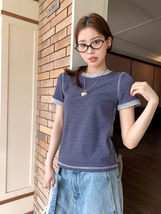 Spring and summer new neckline color matching short T-shirt women's high elastic slim round neck short sleeve retro striped sweater top