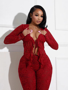 2025 Spring and Summer European and American Cross-border Women's Sexy Lace-up Hollow Cardigan Long Sleeve Lace Shirt Lace Pants Two-piece Set