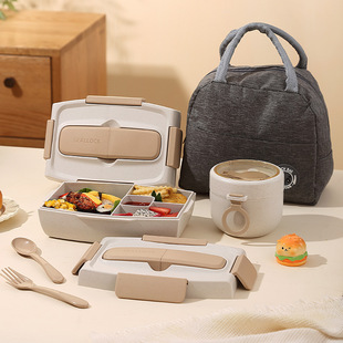 Wheat straw lunch box microwave Japanese tableware compartment insulation student lunch box plastic square snack box