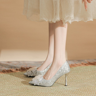 2025 New Pointed Stiletto Heels plus size Plus Fat Plus Women's Single Shoes Small Size Bow Wedding Shoes Bridal Shoes