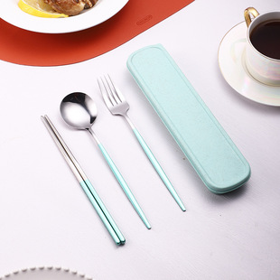 Stainless Steel Portable Tableware suit Chopsticks Fork Spoon Three-piece Student Company Gift Portugal Light Luxury Customized