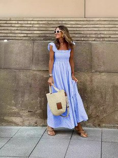2024 cross-border independent station Amazon summer temperament women's collage plaid sling elastic big dress