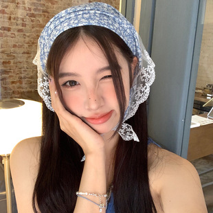 2024 New floral hair tie scarf high-grade triangle scarf lace stitching hair band summer hot girl scarf
