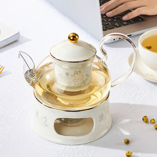 Light Luxury English Afternoon Tea Set Glass Flower Tea Pot Set Ceramic Stove Candle Heating Fruit Tea Pot Gift