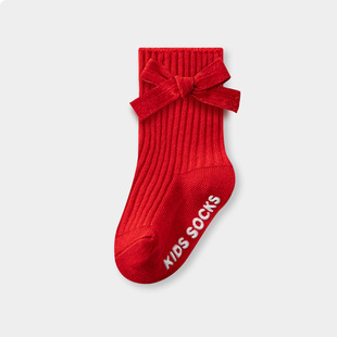Newborn Boys and Girls Baby Infant Combed Cotton Spring Autumn and Winter Red Festive Mid-tube Non-slip Floor Socks