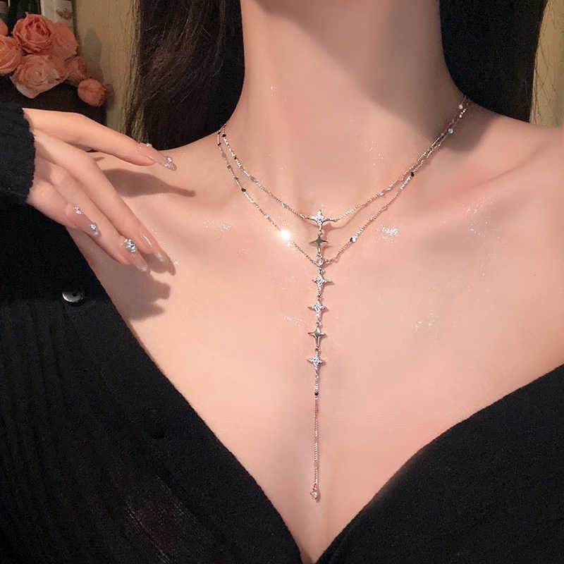 Silver Star Long Necklace Women's High-End Clavicle Chain 2025 New Double-Layer Sexy Neck Chain Cold Style Chest Chain