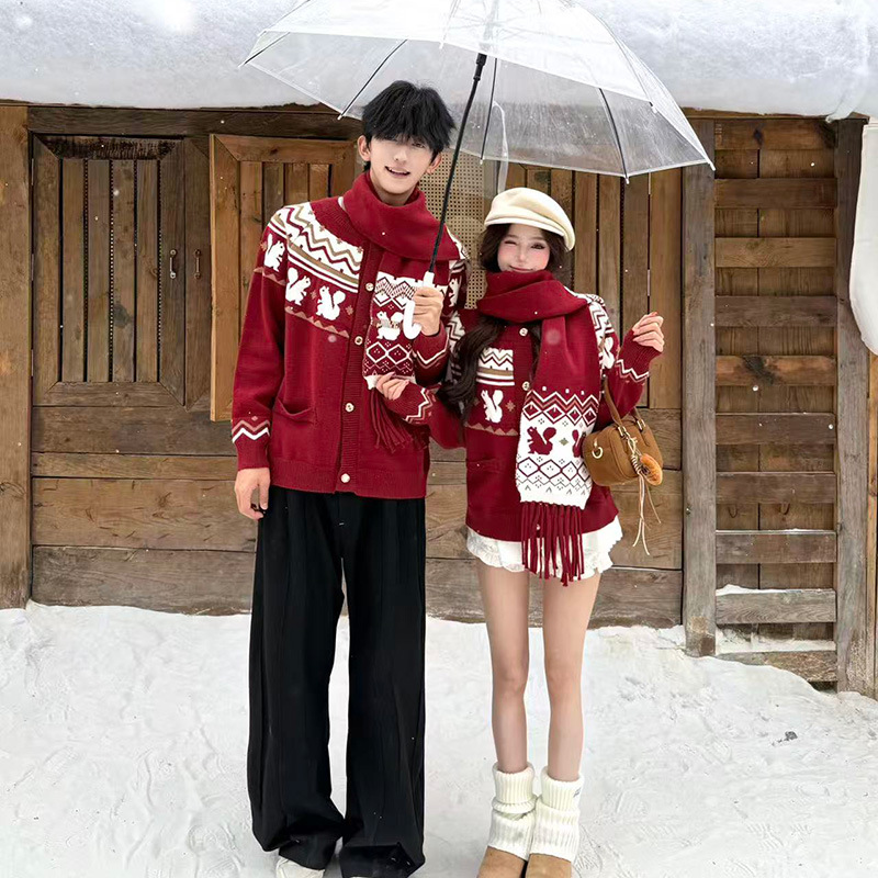 Fair Isle Heavy Craft Couple's Winter Design Jacquard Cardigan High-End Style Zodiac Year Christmas Sweater Coat