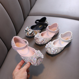 Spring 2024 Ladies Girls Princess Baby Small Middle and Big Kids Girls Bow Shoes Leather Shoes Dance Shoes
