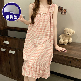 2024 nightdress women's summer Plaid princess style cute suspender skirt bubble cotton ruffled pajamas with chest pad home wear