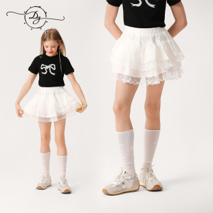 Girls' Lace Mesh Stitching Pleated Skirt 2025 Summer New Style Mid-Large Children's Skirt Sweet Puff Skirt
