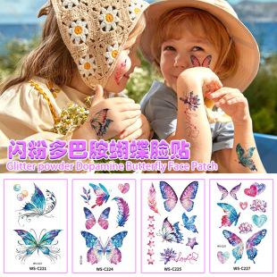 New Glitter Dopamine Butterfly Face Sticker Cross-border Children Waterproof Sweat Disposable Glitter Color Butterfly Tattoo Sticker