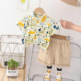 Boys' Summer Suit Baby Children's Clothing Handsome Baby Summer Full Print Dinosaur Cotton Short-sleeved Shirt Two-piece Fashionable Suit