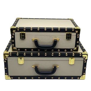 Vintage Leather Suitcase Bedroom Wardrobe Cosmetic Desktop Luggage Model Room Decoration Props Box Wooden Box