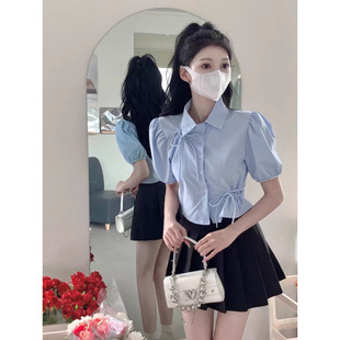 College-style Blue Shirt Women's Summer 2024 New Waist Slimming Short Design Hollow-out Top Two-piece Set